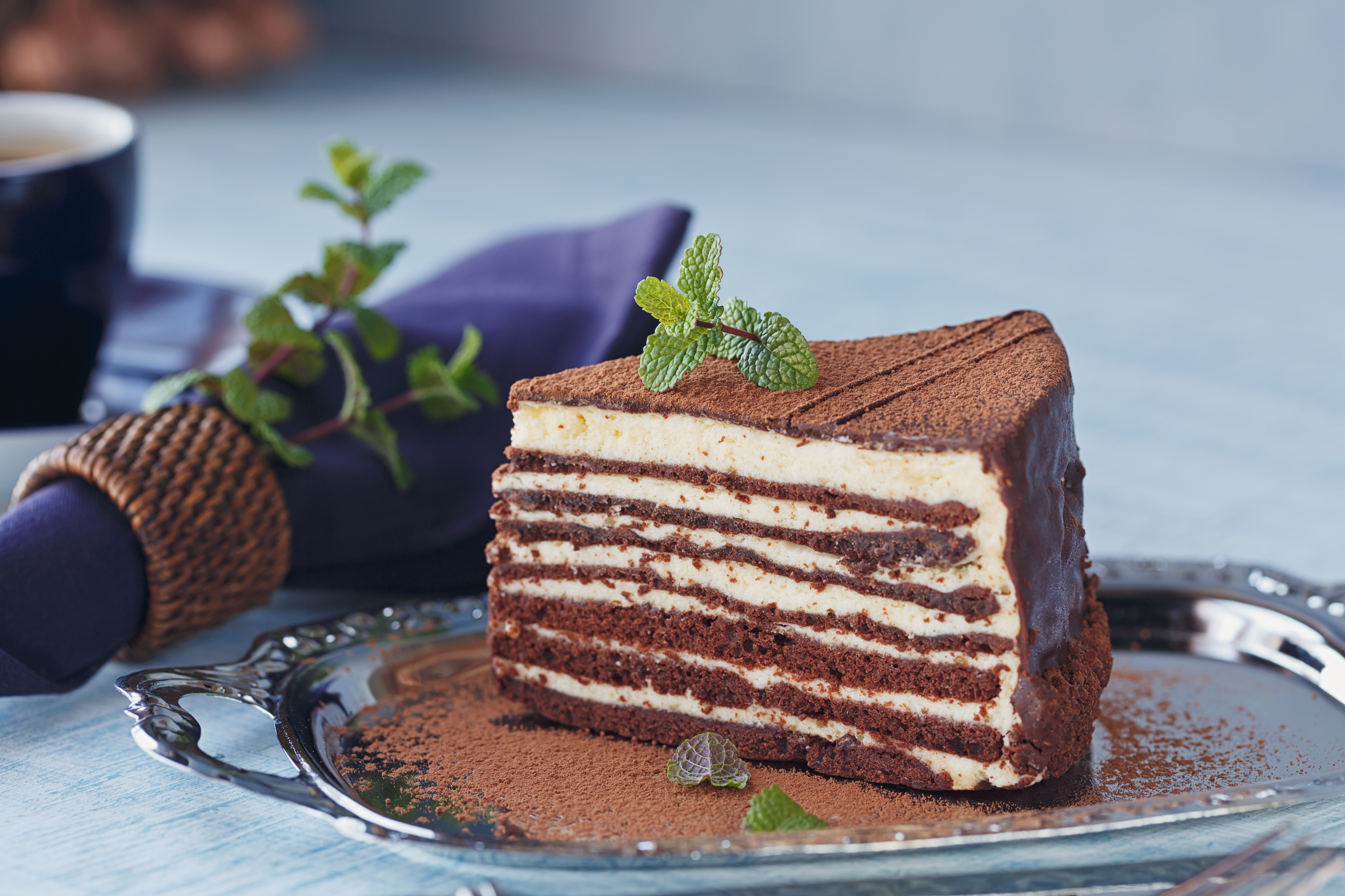 Slice of delicious chocolate cake on silver plate